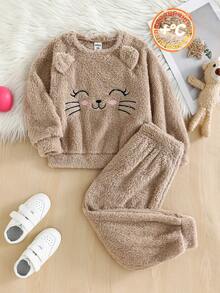 SHEIN 2pcs/Set Young Girl Young Girlrl Reversible Fleece Crew Neck Sweatshirt And Sweatpants, Girls Autumn Casual Wear