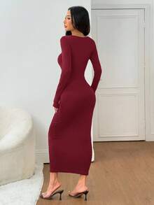 SHEIN PETITE 女士秋冬基础款针织灰色修身方领长袖连衣裙 - 酒紅色 - 查看 2