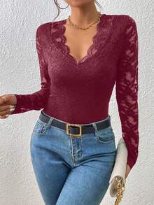 SHEIN Frenchy Bộ đồ liền thân ren tay dài màu trơn thanh lịch - Màu Đỏ Sâu - Xem 3