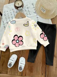 SHEIN مجموعة بنطلون وبلوزة كاجوال كلاسيكية جميلة بطبعات زهور ووحوش للأطفال البنات، بأكمام طويلة مريحة، مناسبة للخريف والشتاء، قطعتان - متعدد الألوان - مشاهدة 5