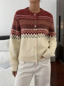 DAZY Áo khoác len đan chắp vá màu tương phản dành cho nữ vào dịp Giáng sinh - Màu Đỏ Sâu - Xem 4