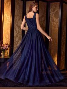 MOTF PREMIUM ELEGANT CONTRAST MESH FLOWY PROM DRESS - Navy Blue - View 4