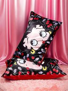 Betty Boop x SHEIN 2pcs Pillowcase Set, Taffeta Fabric, Comfortable & Cooling, Cherry & Cartoon Figure Graphic Black Pillow Cover, Smooth & Wrinkle-Resistant, Gentle On Hair & Skin, Cherry Pattern,Gift Ideas,Party,Holiday,Valentine's Day