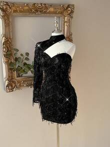 Lovelzi Elegant Black Sequin Tassel Fabric Long Sleeve Strapless Dress, Fashionable Dress For Wedding,Graduation Season,Cocktail Party&Vacation - Black - View 5