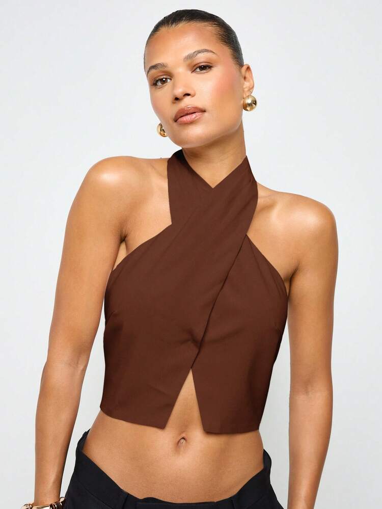 Cross Front Halter Top With Open Back