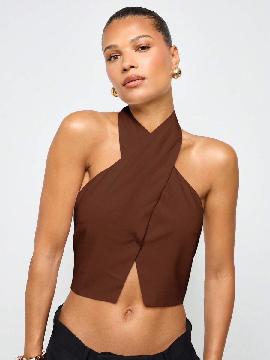 AiiRZ Drapey Halter Top With Cross Front Detail And Open Back For Casual Chic Style - Chocolate Brown - View 1