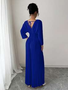 Rafferiza Women's Solid Color V-Neck Batwing Sleeve Pleated Wide Leg Elegant Jumpsuit Royal  Elegant Jumpsuits Blue Long Jumpsuit Royal Blue Elegant Jumpsuit - Royal Blue - View 5