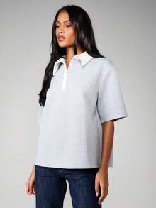 MISSGUIDED Contrast Collar Rugby Style Short Sleeve Polo Shirt With Button Placket Heather Knit Top - Grey - View 3