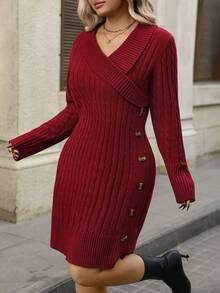 Juhart 大码女式不对称领长袖休闲针织连衣裙，秋冬款 - 酒紅色 - 查看 3