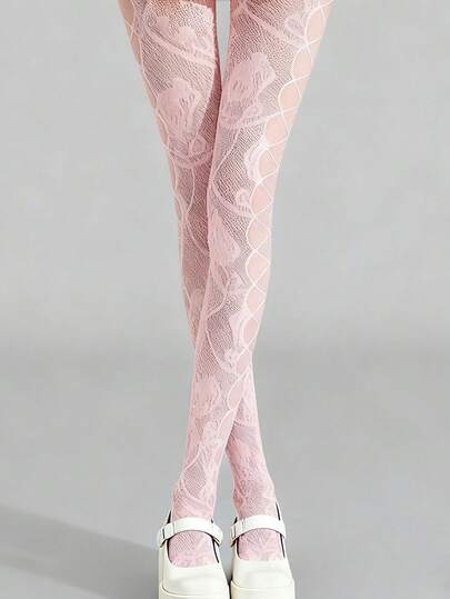 Kawaii 1 par de calcetines de red de pesca de doble cara, medias transparentes elásticas con patrón de enredadera de rosa rosa retro y sexy