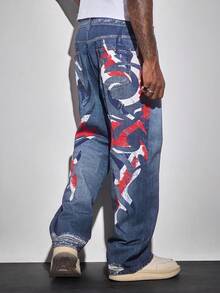 ROMWE MEN Street Life Jeans casuales rectos y holgados con estampado geométrico en el bolsillo para hombres - Azul - Ver 4