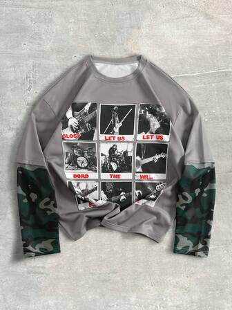 Street Life Camiseta de manga larga casual y holgada con cuello redondo y estampado de camuflaje con letras para hombre