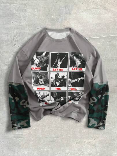 Street Life Camiseta de manga larga casual y holgada con cuello redondo y estampado de camuflaje con letras para hombre