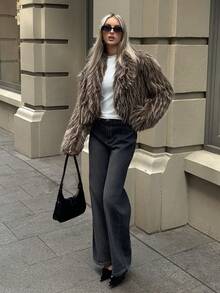 Aloruh Women's Grey Winter Street Wear Night Out Fashionable Long Sleeve Open Front Faux Fur Jacket,Fluffy Thick & Warm Fox Fur Coat,Mid-Length Outerwear - Black - View 6