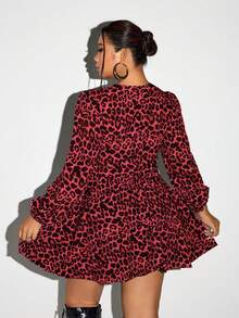 SHEIN ICON 大码V领长袖豹纹泡泡下摆连衣裙 - 紅色 - 查看 2