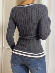 CovetEZ 女士休闲灰色撞色V领厚条纹长袖毛衣，舒适冬季女装 - 灰色 - 查看 7