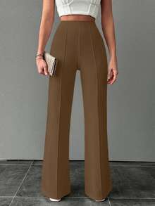 SHEIN Tall Tall Women's Loose-Fitting Exposed Seam Wide Leg Pants - Camel - View 4