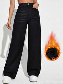 Proste dżinsy z kieszenią z przodu, luźne, codzienne, grube dżinsy, ciepłe dżinsy