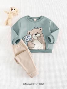 Cozy Pixies 2 件套男婴卡通熊图案针织柔软圆领长袖套头衫和纯色裤子套装 - 薄荷綠 - 查看 4