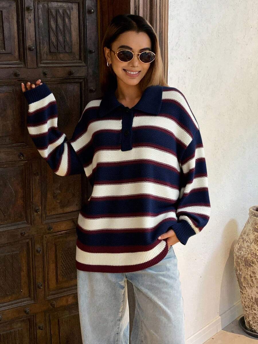 Livesso Áo len dệt kim cổ bẻ màu xanh và trắng tương phản, thời trang công sở thường ngày cho nữ, mùa thu/đông - Xanh và trắng - Xem 1