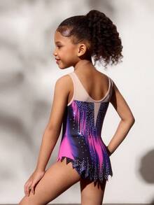 Bộ đồ liền thân in họa tiết không tay cho bé gái, thoải mái và thân thiện với làn da, thiết kế ôm sát để tránh lộ hàng, đồ thể dục nhịp điệu, đồ thi đấu khiêu vũ ở trường, phù hợp với mọi mùa - Màu tím  Violet - Xem 2