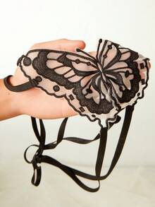 WENEZON 男士拼接蝴蝶刺绣网纱性感丁字裤 - 黑色 - 查看 8