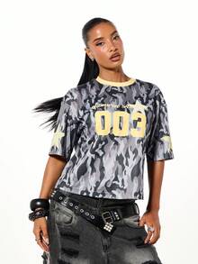 SUMWON WOMEN Camouflage Printed Varsity Tee With Contrast Collar And Star Details Short Sleeve Top For Casual Streetwear - Brown - View 1
