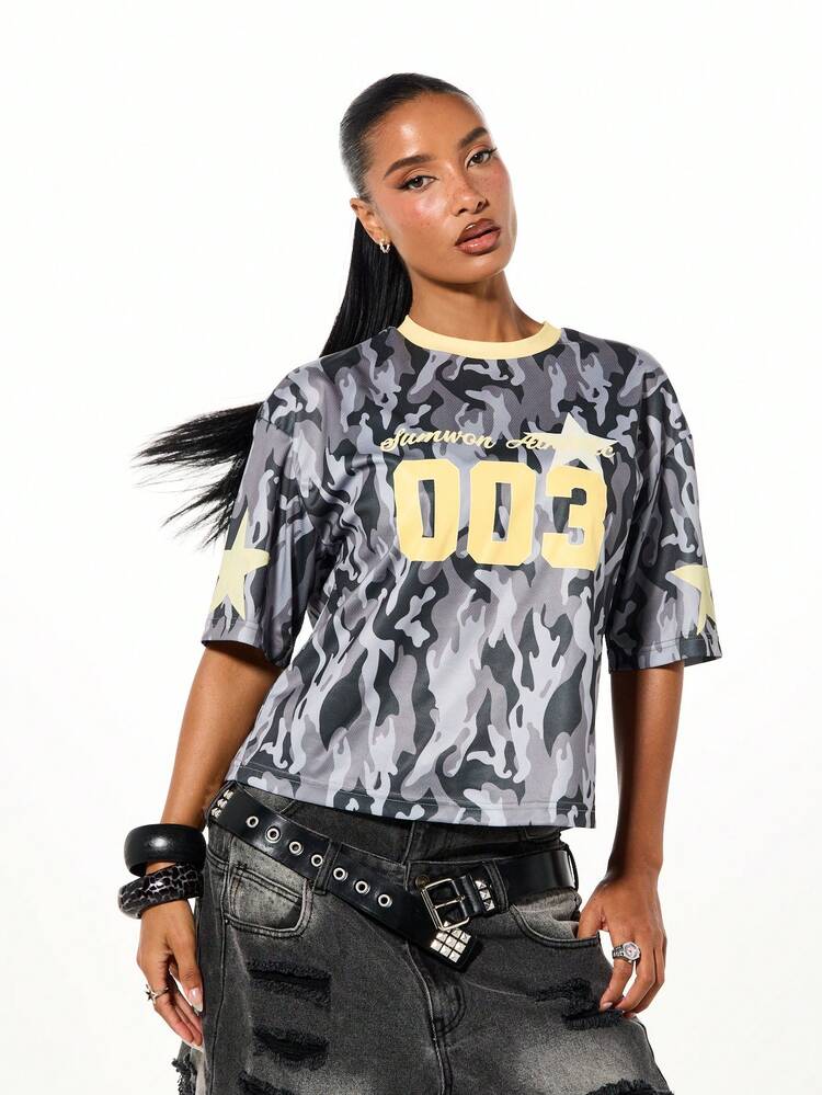 SUMWON WOMEN Camo Print Varsity Tee With Contrast Collar