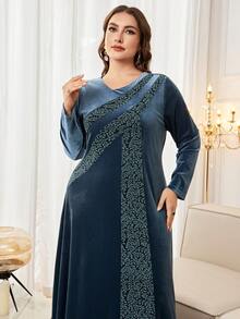 Al Najma Plus Size Women Velvet Jacquard Patchwork Elegant Minimalist Autumn/Winter Turkish Arabic Dress Kaftan Jalabiya Dress - Mint Blue - View 5