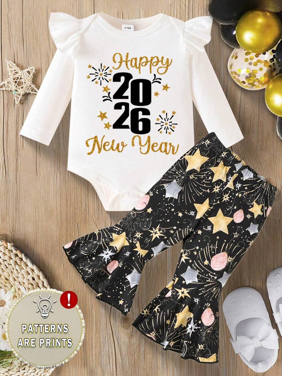 2件套女婴2026新年烟花字母印花圆领长袖荷叶边下摆连体衣和喇叭裤套装，适合新年、春季和秋季穿着。 - 彩色 - 查看 1