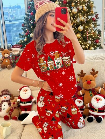 SHEIN Leap Crew 复古可爱姜饼人和雪花印花少女休闲简约短袖圆领T恤和修身打底裤睡衣套装，贴身舒适，适合家庭聚会