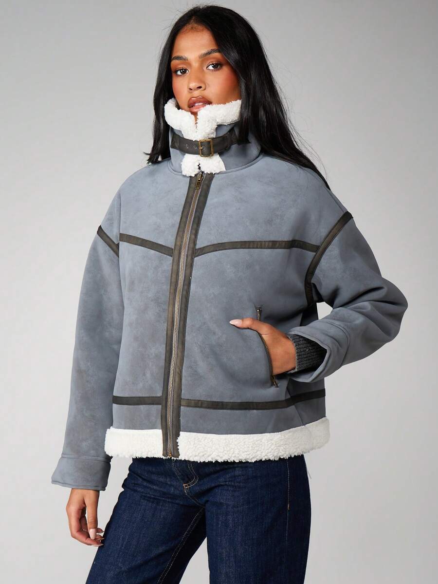 MISSGUIDED Áo khoác phi công giả lông cừu có viền tương phản cho mùa đông - Xám - Xem 1