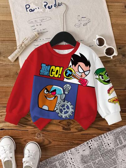 Teen Titans Go X SHEIN Sudadera informal de cuello redondo con bloqueo de color y estampado de dibujos animados para niño, otoño
