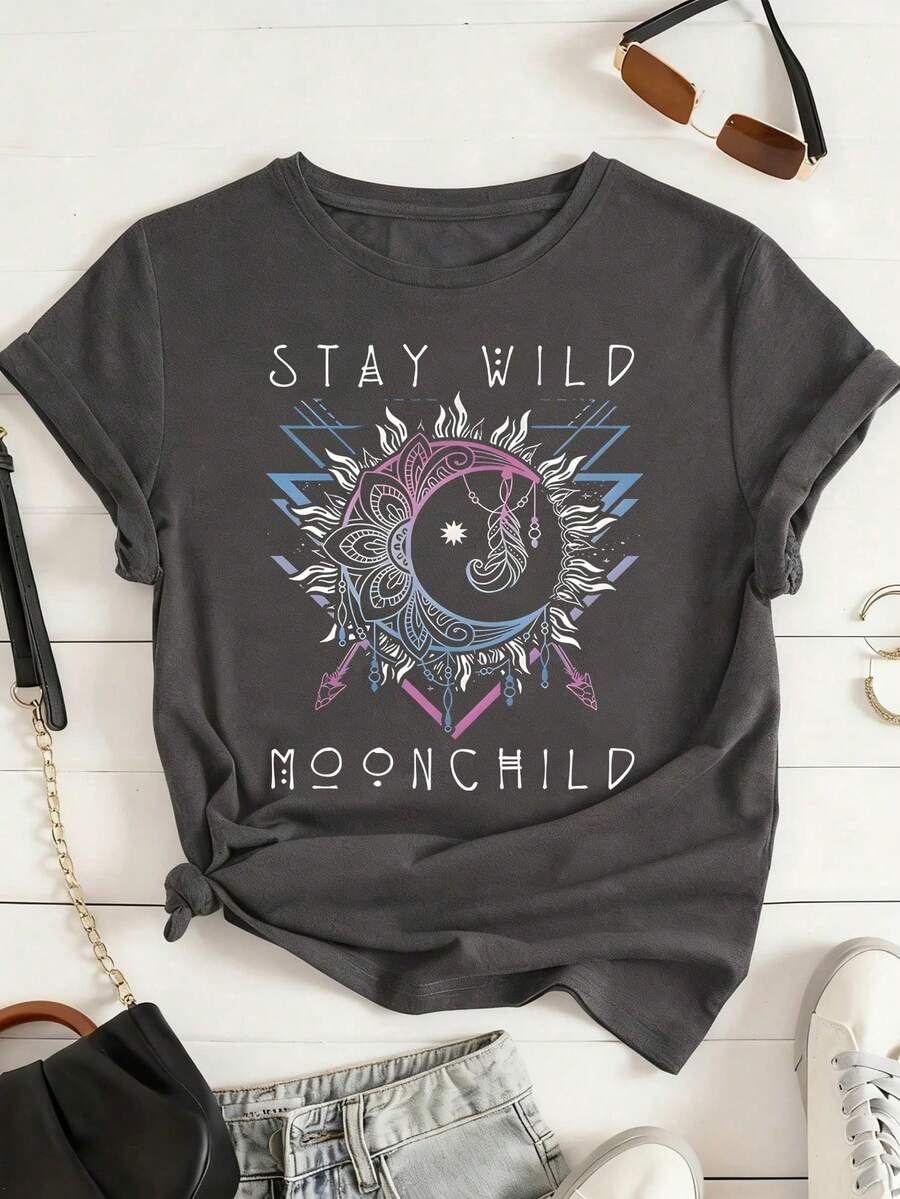 INAWLY 日月印花圆领T恤，春夏休闲短袖上衣，女装 - 深灰色 - 查看 1