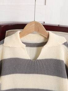 SHEIN Tween Girls' Casual Ribbed Crew Neck Sweater, College Style, Autumn/Winter - Grey - View 4