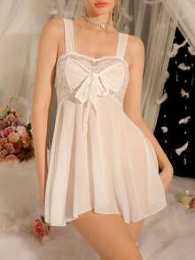 DelicateAllure Lace Trim Mesh Sexy Camisole Short Women Nightgown, Valentine's Day - White - View 1