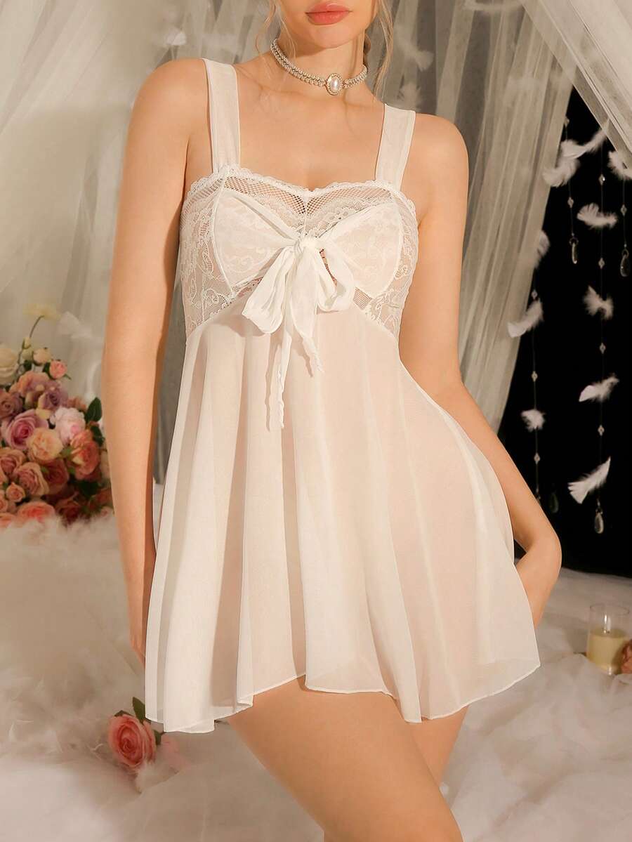 DelicateAllure Lace Trim Mesh Sexy Camisole Short Women Nightgown, Valentine's Day - White - View 1