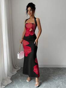 SHEIN PETITE Women's 2025 Summer Halter Tie Waist Slim Fit Printed Mid-Length Dress