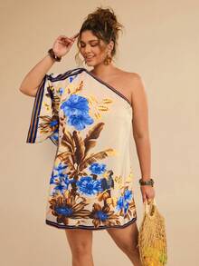 Travachic Váy ngắn mùa hè họa tiết hoa vai bất đối xứng cỡ lớn dành cho nữ - Nhiều màu - Xem 6