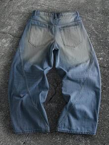 ROMWE MEN Street Life Men's Light Blue Punk Fashion Belted Loose Fit Retro Curved Casual Jeans - Dark Wash - View 2