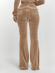 MUSERA Quần ống loe ôm sát, cạp thấp, chất liệu nhung, có dây rút, xếp ly phía trước, chỉ bán phần dưới, thích hợp để đi chơi đêm, phong cách đường phố dễ thương, quần casual mùa hè. - màu nâu - Xem 4