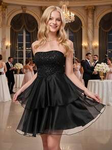 少女露肩闪光连衣裙，黑色网眼拼布蛋糕裙，万圣节服装连衣裙 - 黑色 - 查看 9