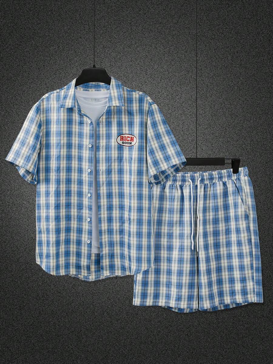 Men's Plaid Front Button Short Sleeve Casual Top And Shorts Set - Multicolor - View 1