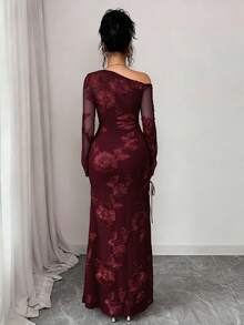 Rafferiza 女士提花网纱不对称开衩连衣裙 - 酒紅色 - 查看 2