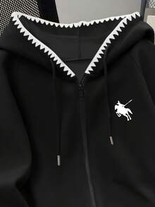 SHEIN Áo nỉ có logo ngựa Y2K, Áo nỉ thêu họa tiết Mỹ cổ điển tinh tế, Áo nỉ thời trang thu/đông độc đáo dành cho nữ - màu đen - Xem 5