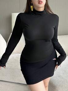 Dazy Plus Maglia a collo alto elasticizzata, tinta unita, con fodera termica, spessa, per taglie comode, maglietta da base per autunno/inverno per donna