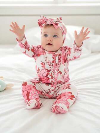 SHEIN Baby Girl 1pc White Cute Big Flower Print Long Sleeve Sleepwear Romper