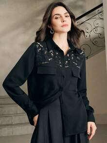 Anewsta Blouse ajourée à broderie de style français pour femmes, automne/hiver - Bleu marine - Voir 4