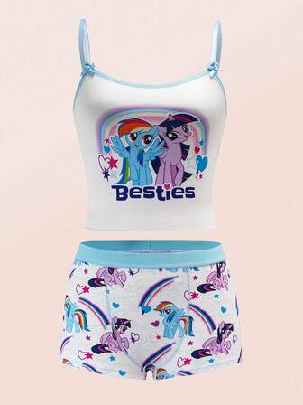 My Little Pony X SHEIN Damset med söta tecknade bokstäver och regnbågsmönster, kontrasterande kant, rosettdetalj och boy shorts