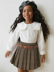 Maija Kids Maija Kids Young Girl Plaid Fabric Pleated Skirt With Belt Thanksgiving Outfits For Girls Suitable For All Seasons Daily Wear Seasons - Spring, Summer, Autumn, Winter, Great Christmas Gift For Young Girls - Brown - View 3